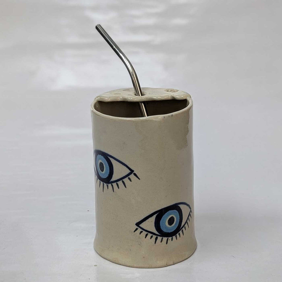 Hand-Painted Ceramic Bottle With Stainless Steel Straw