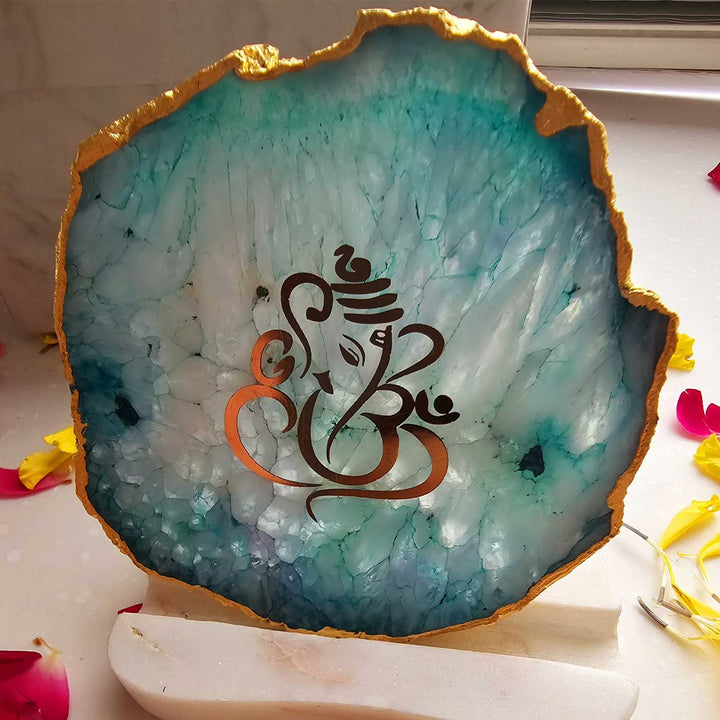 Handmade Green Ganesha Agate Decor With Marble Tea Light Holder