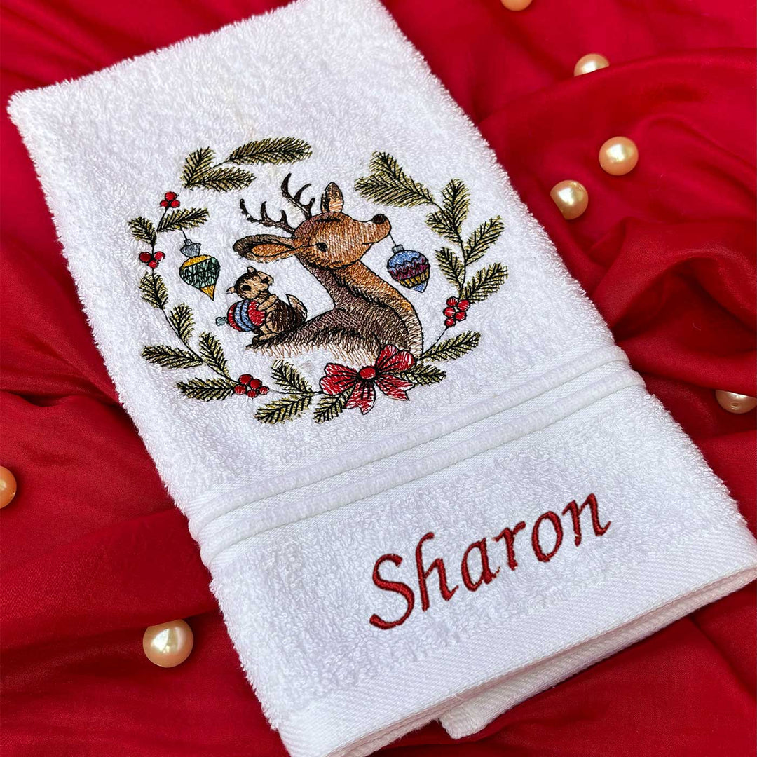 Personalized Deer & Chipmunk Embroidered Cotton Hand Towel | Xmas Gifting Ideas