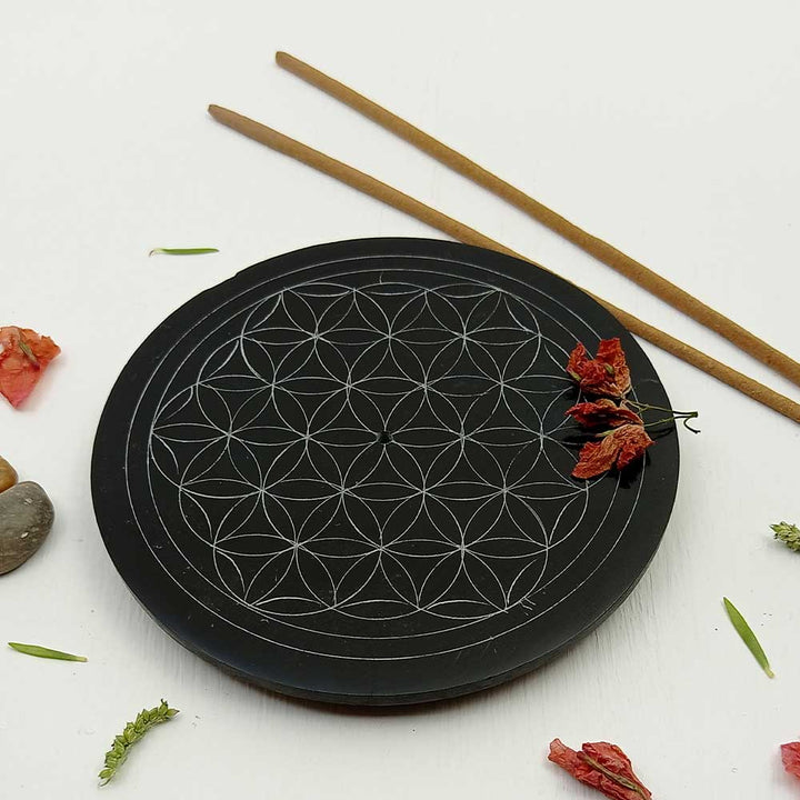 Handmade Black Adara Flowers Of Life Soapstone Incense Stick Holder | Set of 2