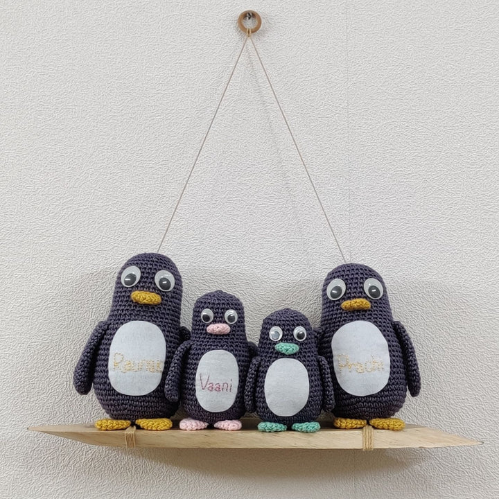 Personalised Handmade Crochet Penguin Wall Hanging for Family of 4