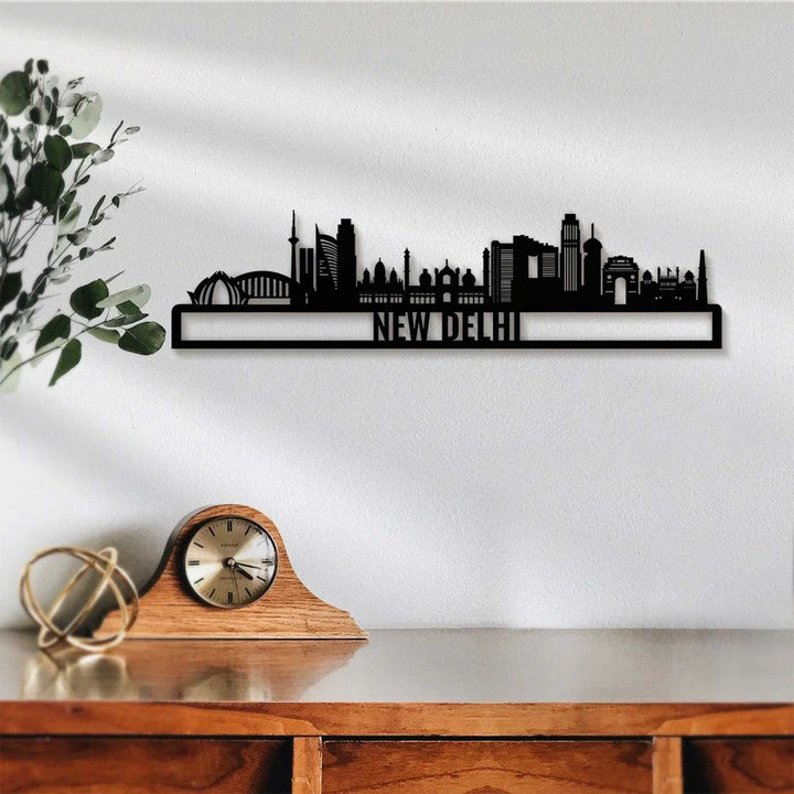 Printed Black Wooden New Delhi City Skyline Wall Decor