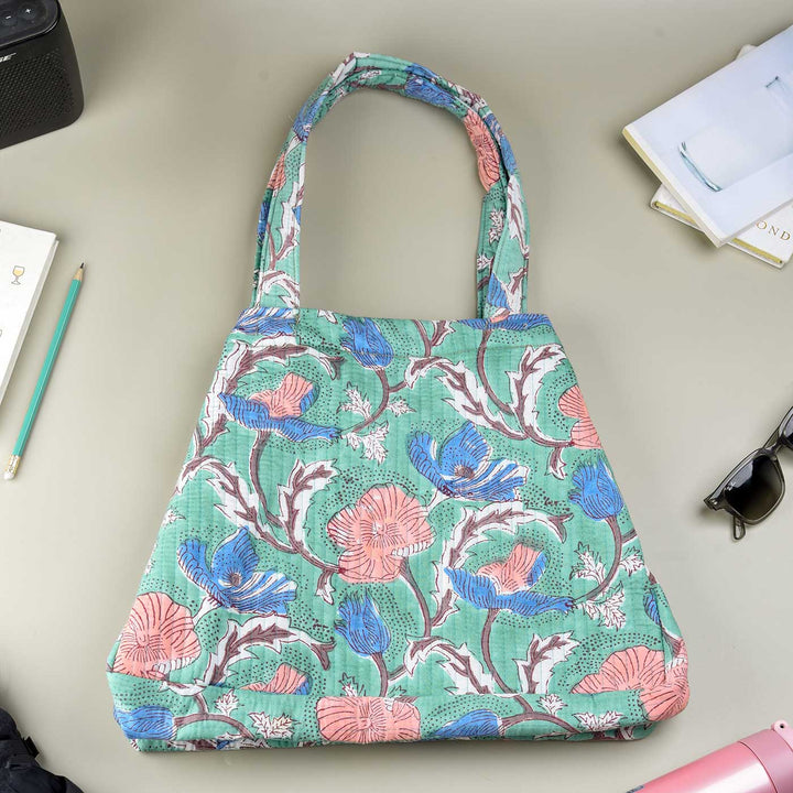 Block Printed Wildflower Convertible Quilted Cotton Tote Bag