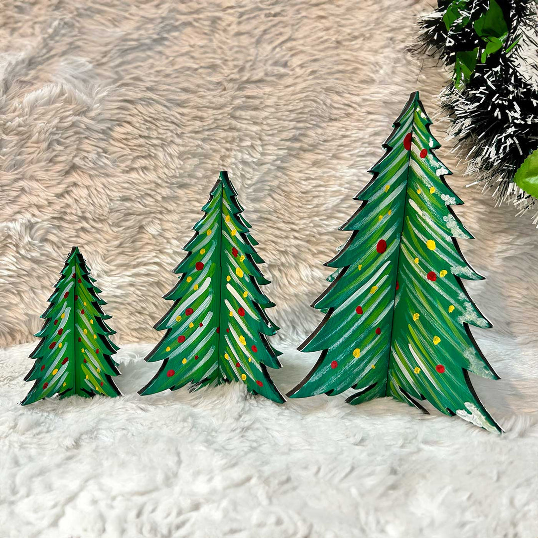 Hand-Painted Xmas Tree Wooden Table Decor for Christmas Decoration | Set Of 3