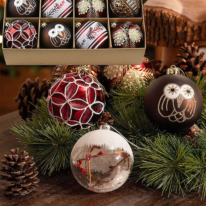 Maroon & Brown Owl themed Christmas Ball Ornaments For Decoration | Set of 16