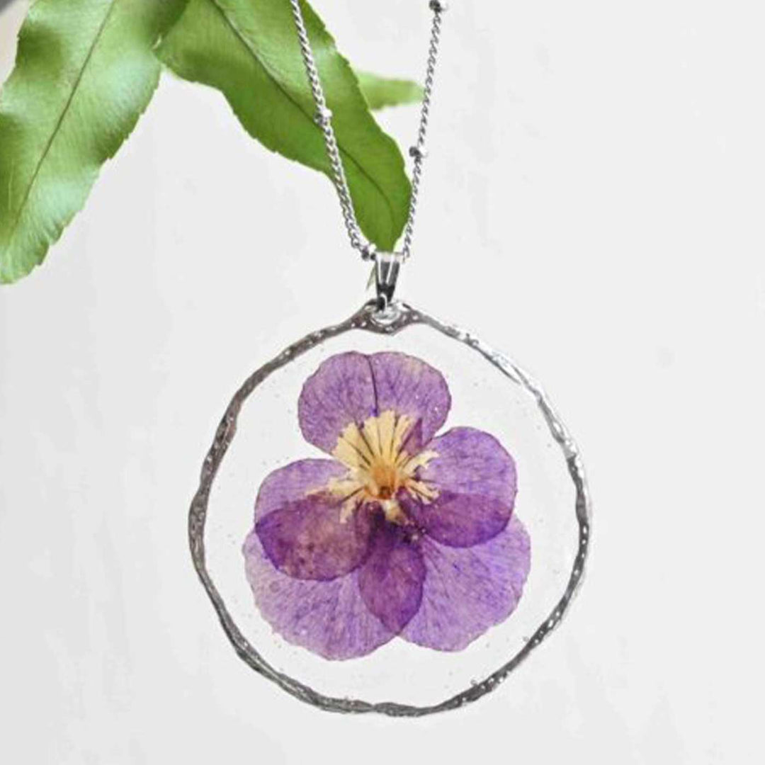 Handmade Preserved Flower Pansy Medallion Brass Necklace