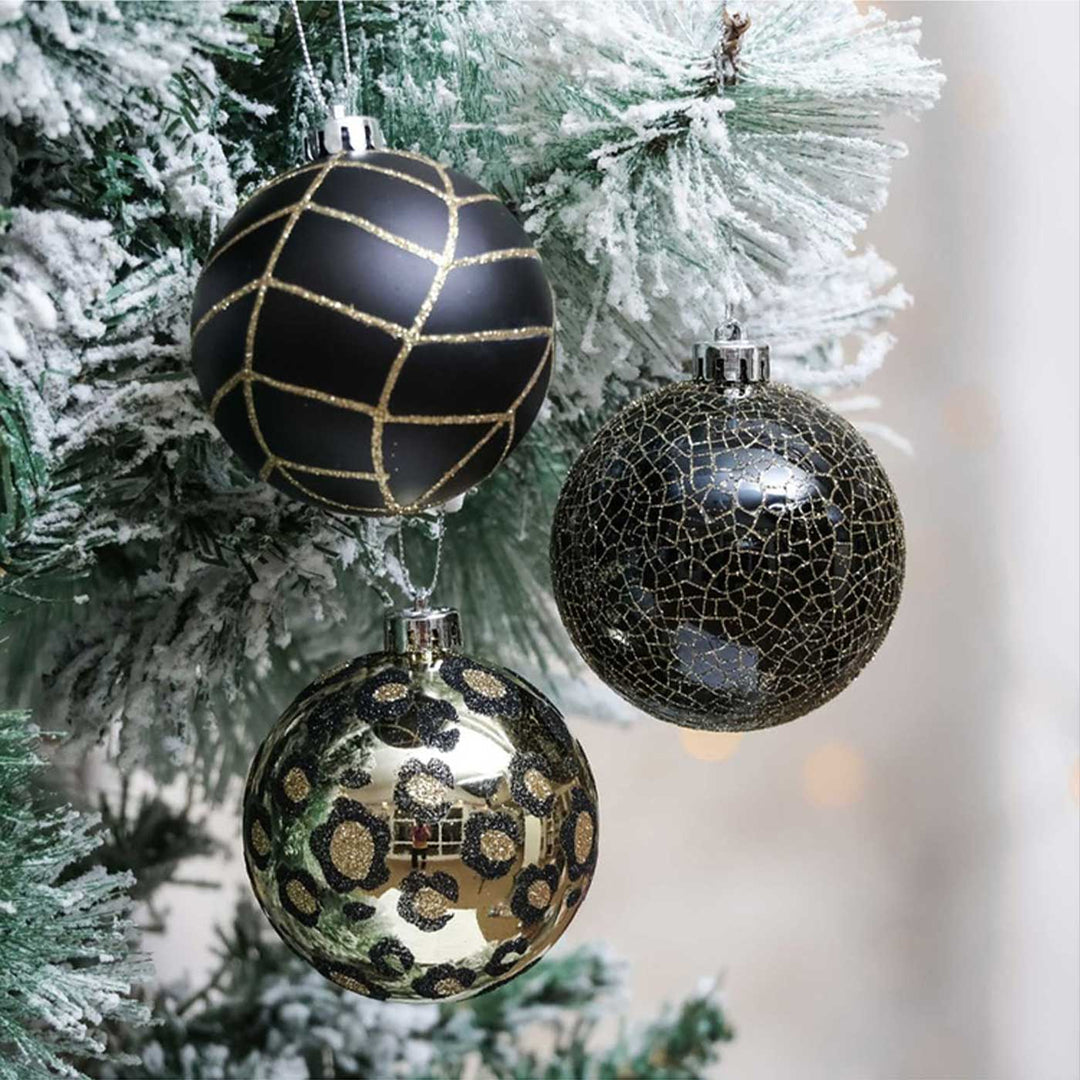 Black & Gold theme Shimmer Christmas Ball Ornaments For Decoration | Set of 16