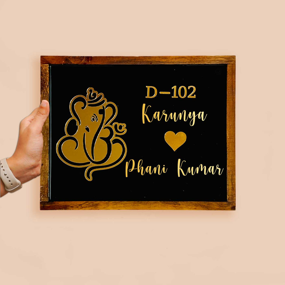 Personalized Ganesha Theme Resin Name Plate With Teak Wood Border For Couples