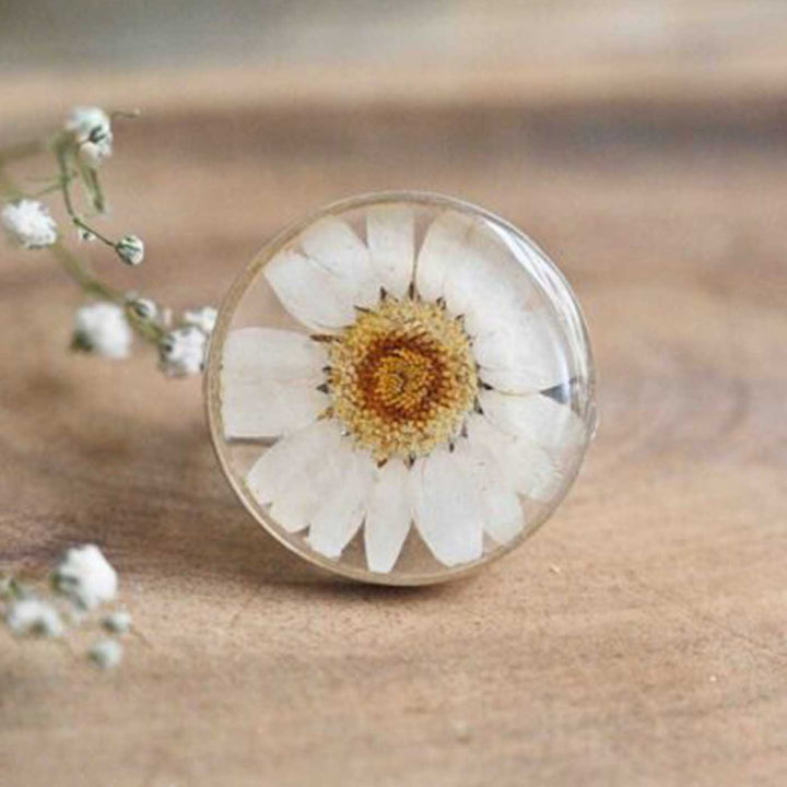 Handmade Preserved Flower White Daisy Brass Ring