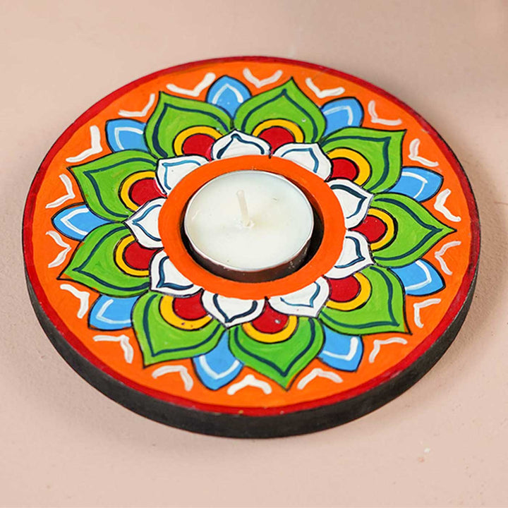 Handmade Multicolour Lotus Wooden Tealight Holder