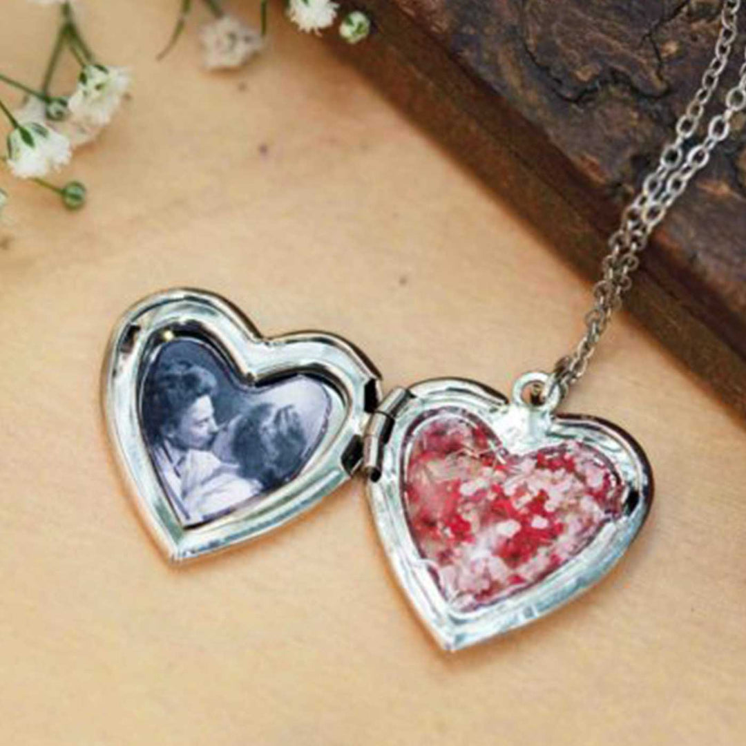 Photo Personalized Heart Shaped Pink & Red Preserved Flower Brass Necklace With Locket