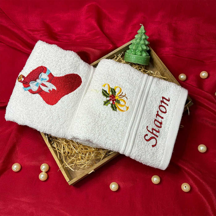 Personalized Stocking & Holly Leaves Embroidered Towel & Candle Hamper | Secret Santa Gift Ideas | Set Of 4