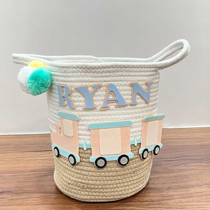 Personalized Handmade Choo Choo Train Treasures Jute Basket For Kids