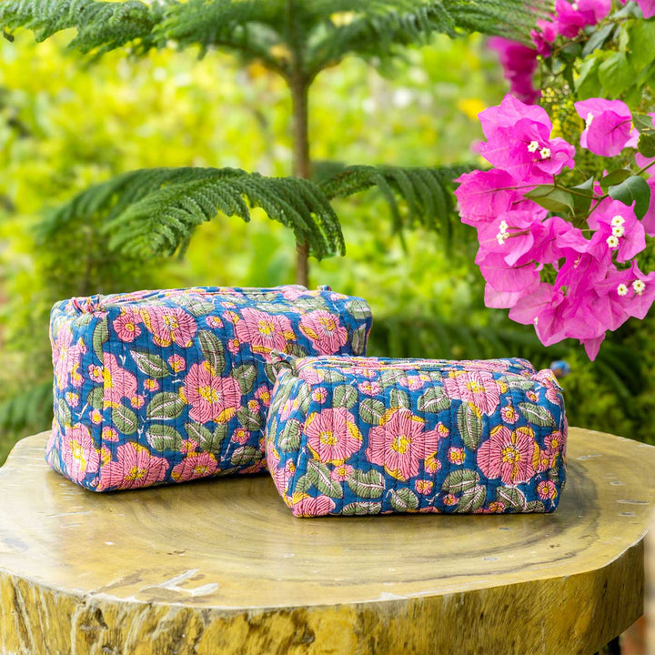 Handmade Block Printed Garden Paradise Quilted Cotton Toiletry Pouch