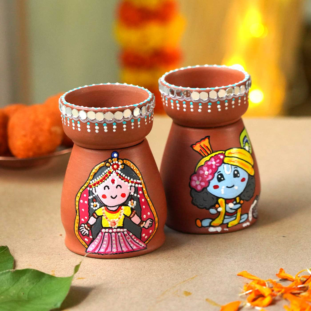 Handmade Krishna Radha Terracotta Tealight Holder | Set Of 2