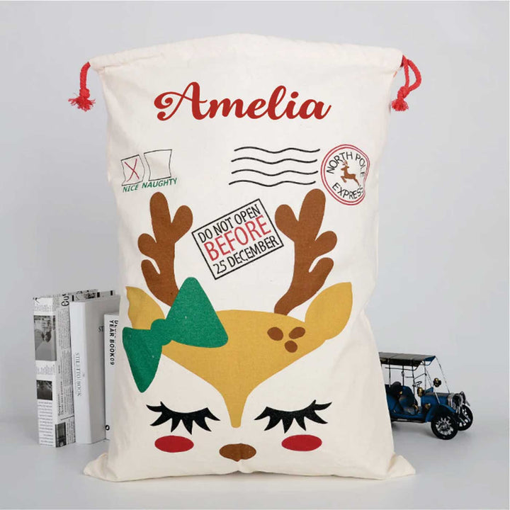 Personalized Reindeer With A Bow Extra Large Muslin Gift Sack | Xmas Gifting Ideas