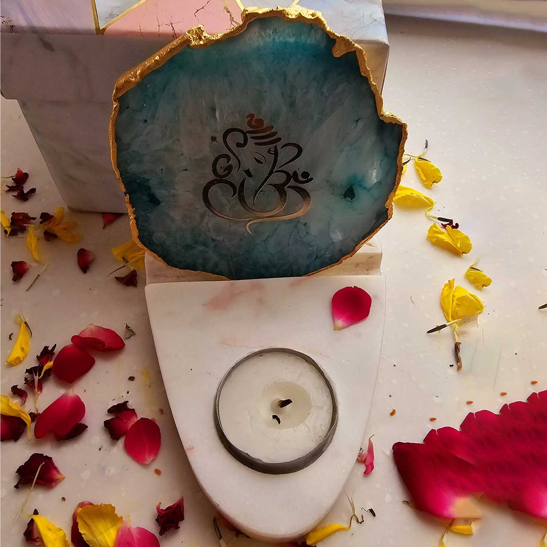 Handmade Green Ganesha Agate Decor With Marble Base Tea Light Holder