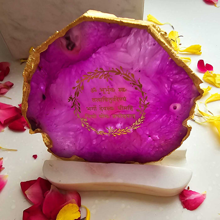 Handmade Pink Gayatri Mantra Agate Decor With Marble Tea Light Holder