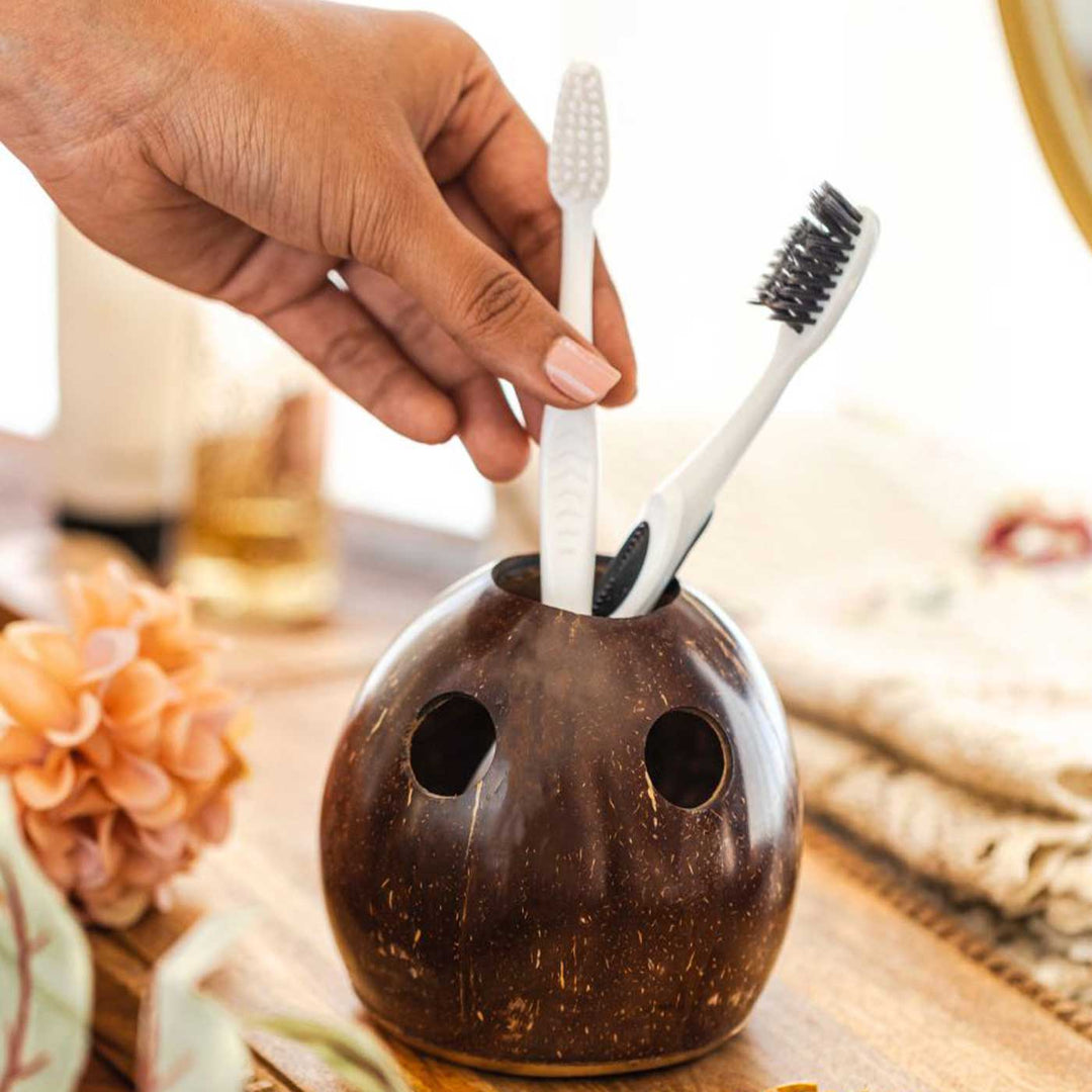 Eco-Friendly Handmade Brown Coconut Shell Toothbrush Holder