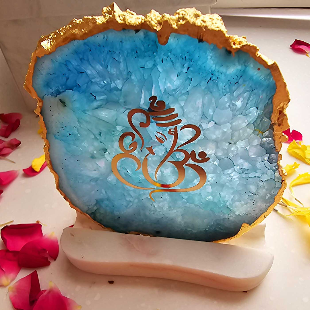 Handmade Turquoise Ganesha Agate Decor With Marble Tea Light Holder