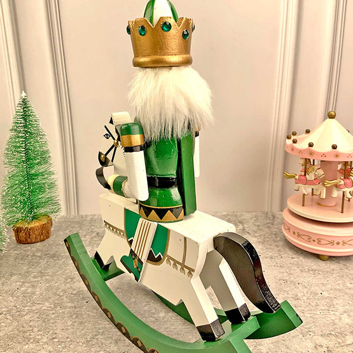 Green Rocking Horse King Nutcracker Self-Standing Wooden Decor For Christmas Table Decoration