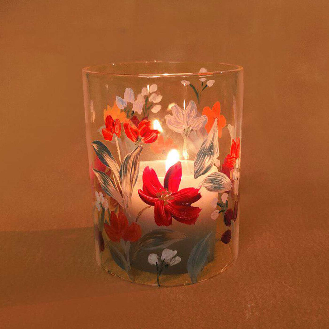 Hand Painted Floral Glass Candle Holder