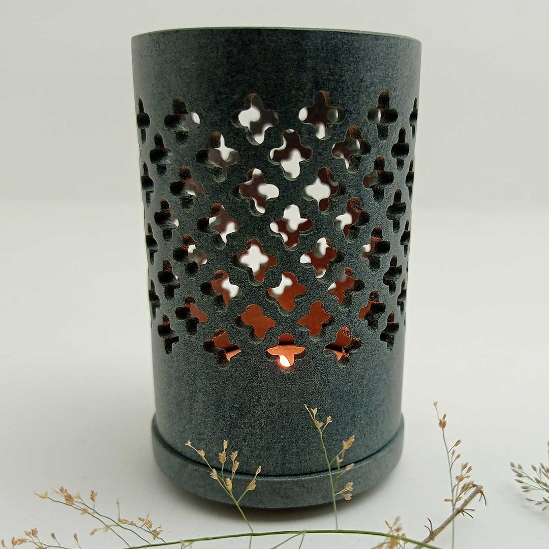 Handmade Grey Damali Intricate Jaali Soapstone Tealight Holder