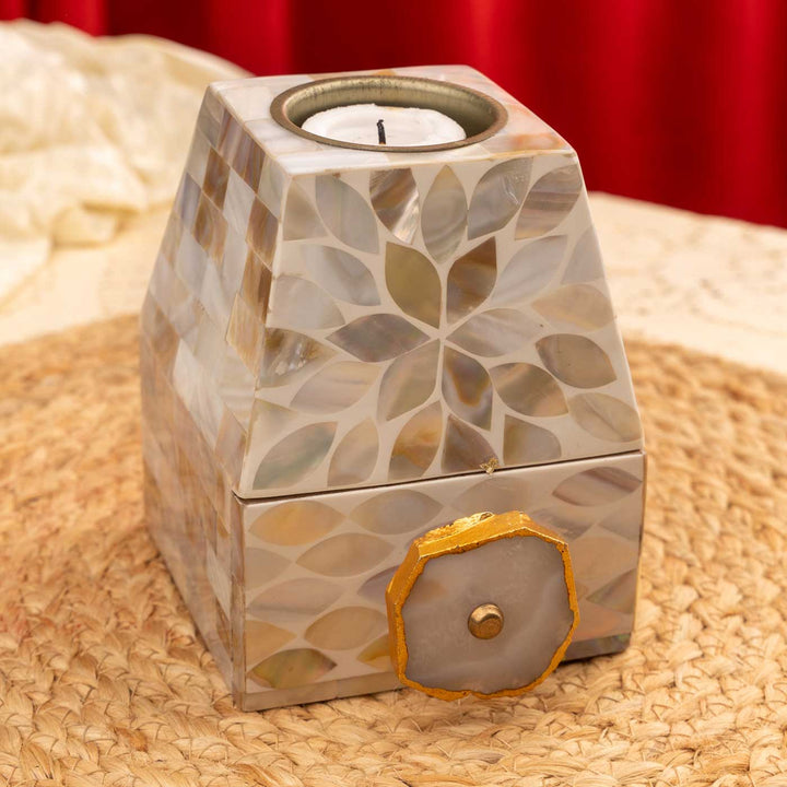 Handmade Decorative Mother Of Pearl Tealight Holder With Small Drawer