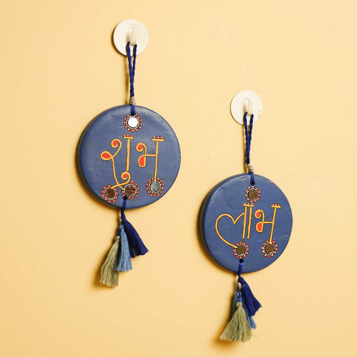 Handmade Blue Shubh - Labh Terracotta Hanging | Set Of 2