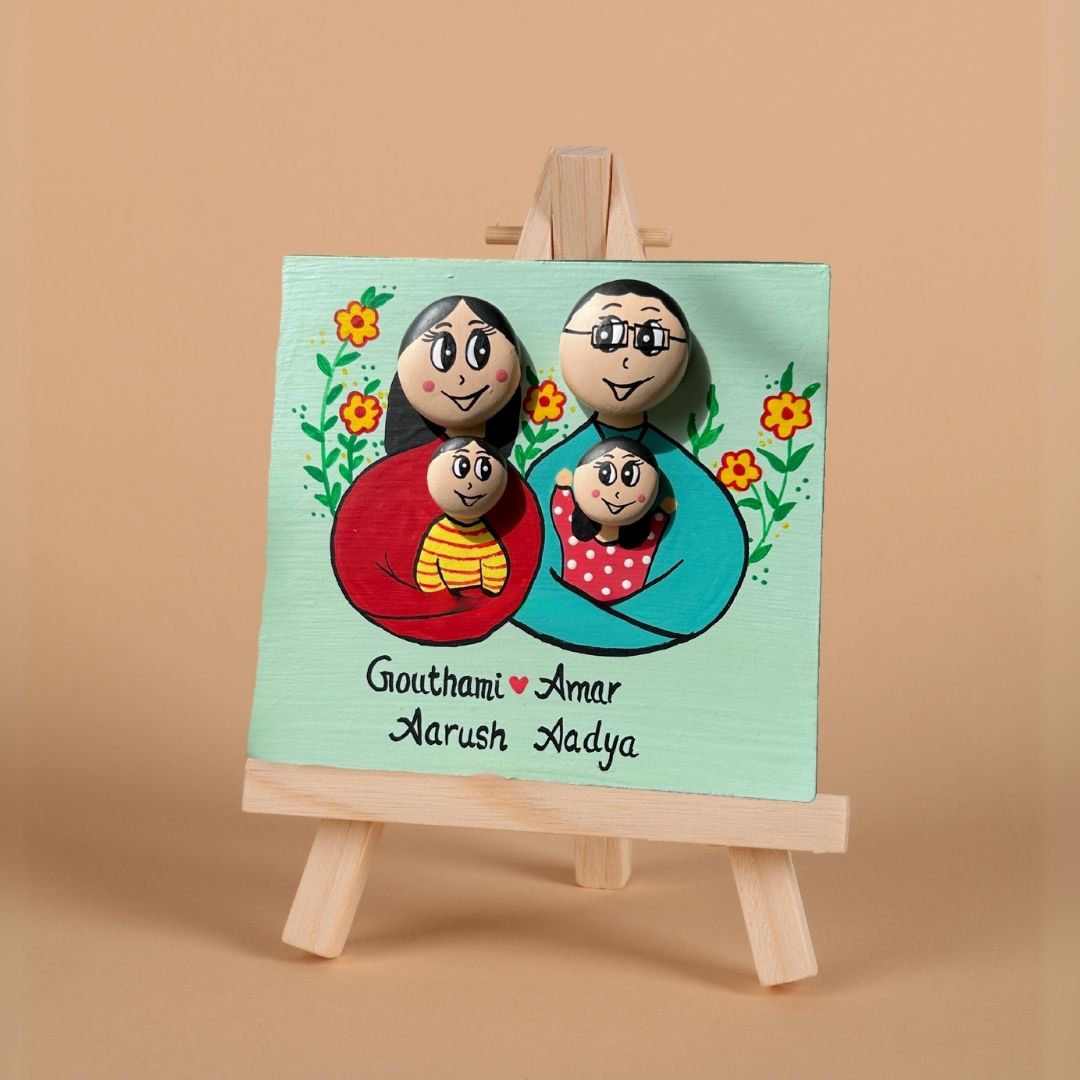 Personalized Hand-Painted Pebble Art Family Of Four Wooden Decorative Plaque