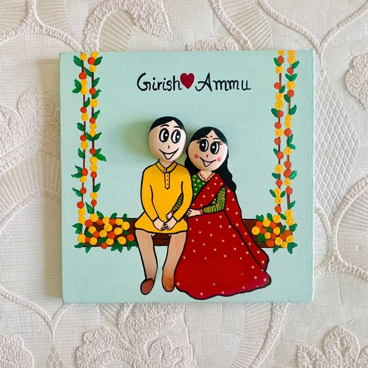 Personalized Hand-Painted Pebble Art Couple On Swing Wooden Decorative Plaque