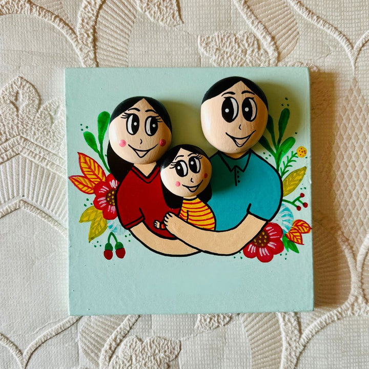 Hand-Painted Pebble Art Family Of Three Wooden Decorative Plaque