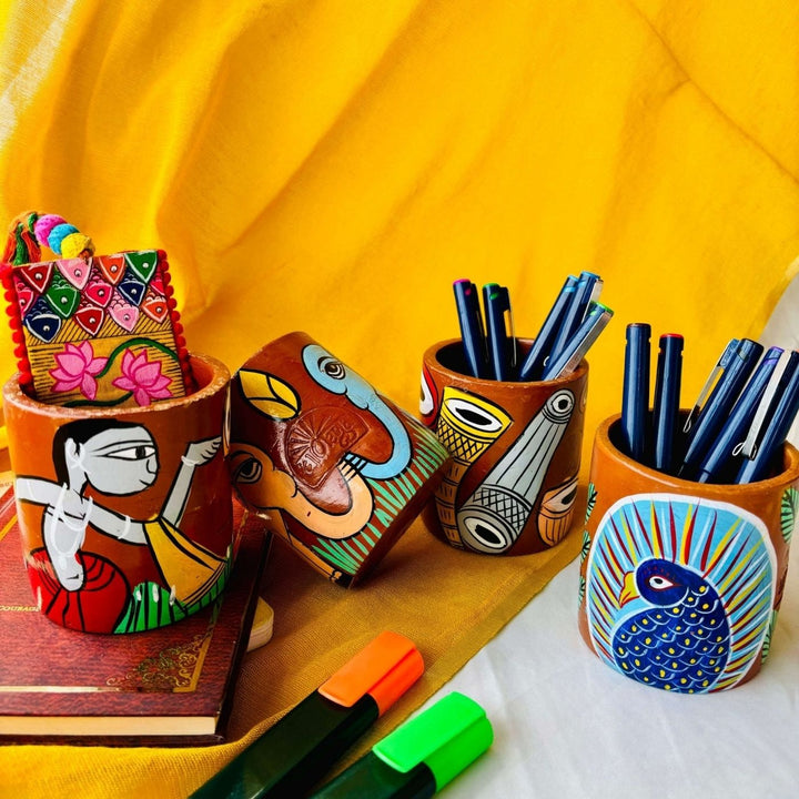 Eco-Friendly Hand-Painted Pattachitra Jugal Terracotta Pen Holder