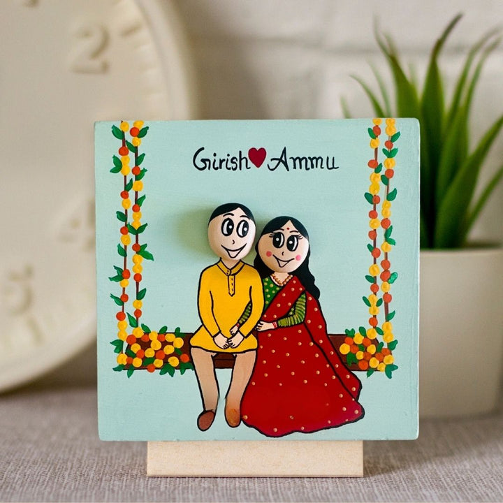 Personalized Hand-Painted Pebble Art Couple On Swing Wooden Decorative Plaque