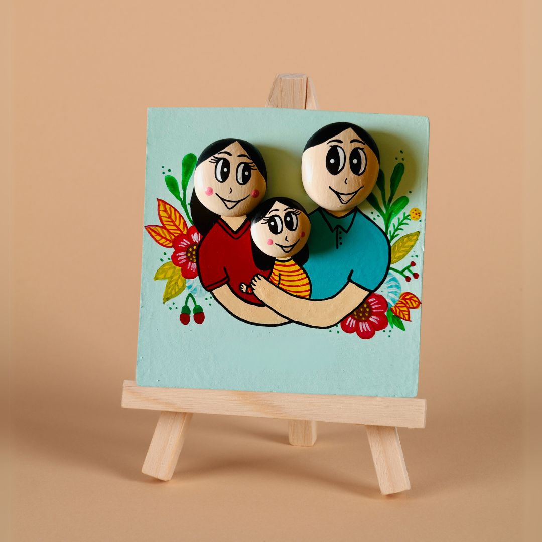 Hand-Painted Pebble Art Family Of Three Wooden Decorative Plaque