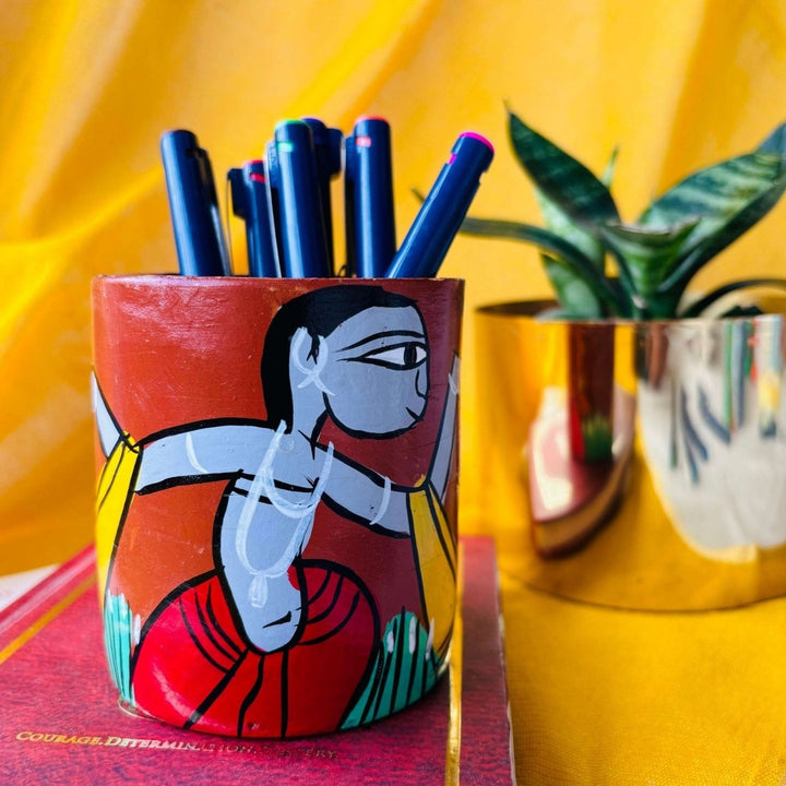 Eco-Friendly Hand-Painted Pattachitra Jugal Terracotta Pen Holder