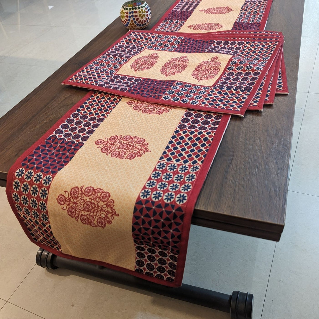 Printed Maroon Ajrakh Block Print Table Runner & Mat Set