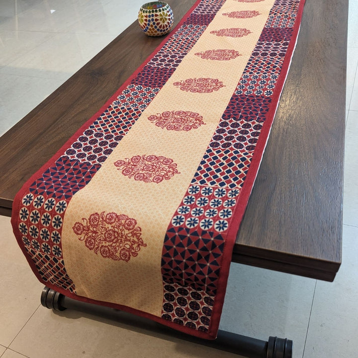 Printed Maroon Ajrakh Block Print Table Runner & Mat Set