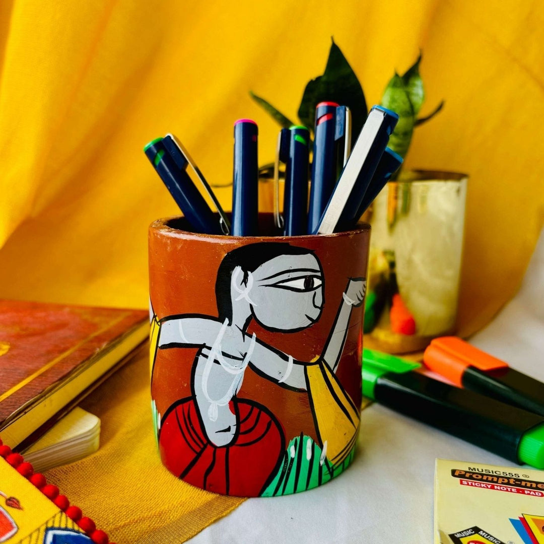 Eco-Friendly Hand-Painted Pattachitra Jugal Terracotta Pen Holder