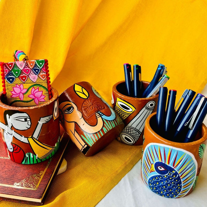 Eco-Friendly Hand-Painted Pattachitra Jugal Terracotta Pen Holder