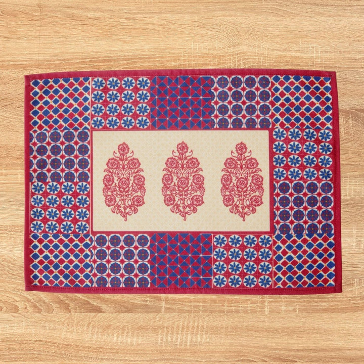 Printed Maroon Ajrakh Block Print Table Runner & Mat Set