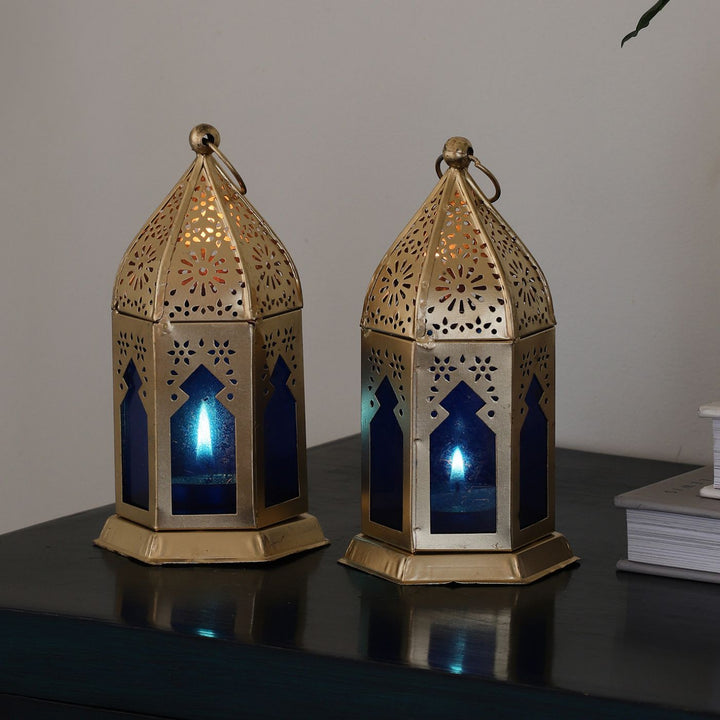 Handmade Blue & Gold Morrocan Iron Lantern Tealight Holder | Set Of 2