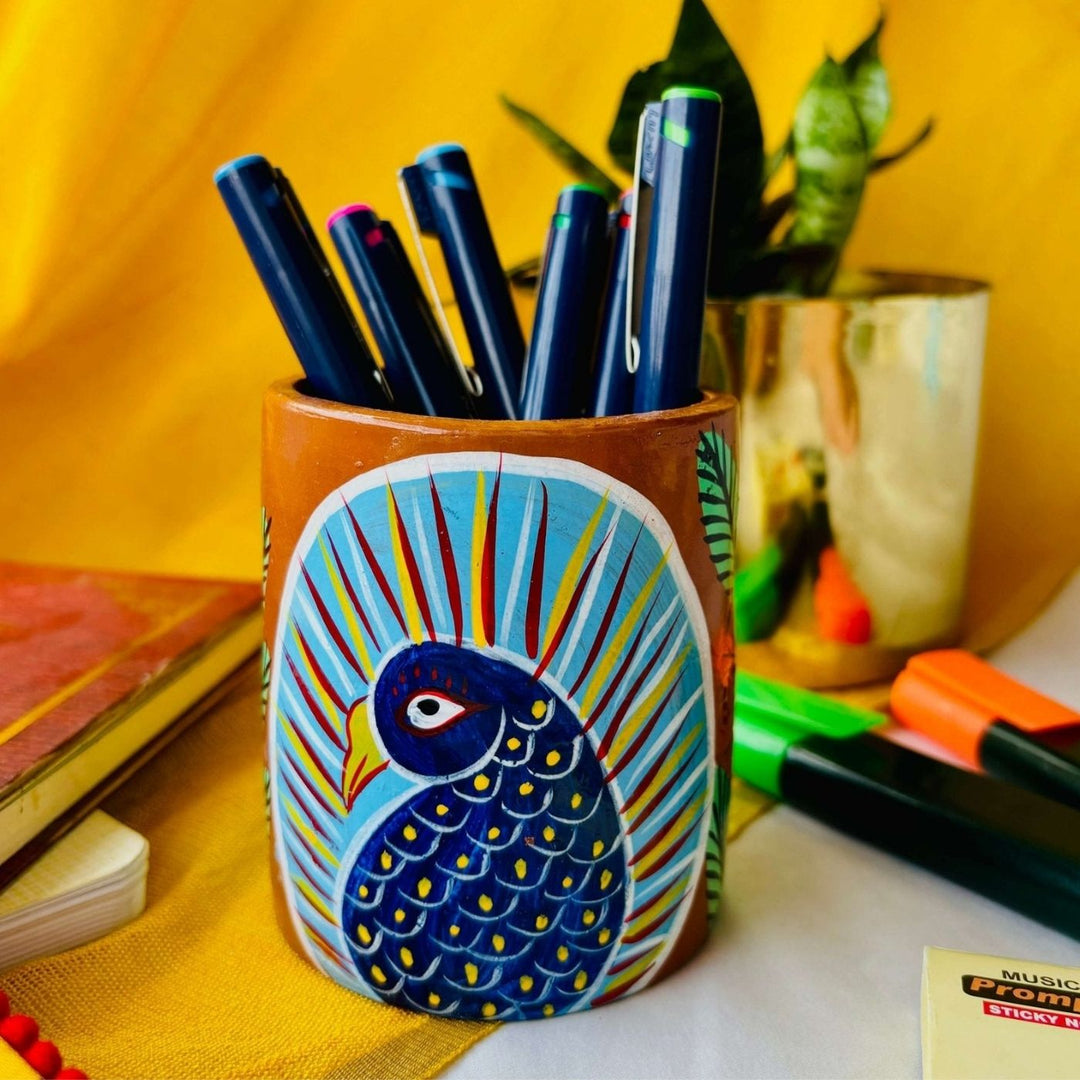 Eco-Friendly Hand-Painted Pattachitra Mayuri Terracotta Pen Holder