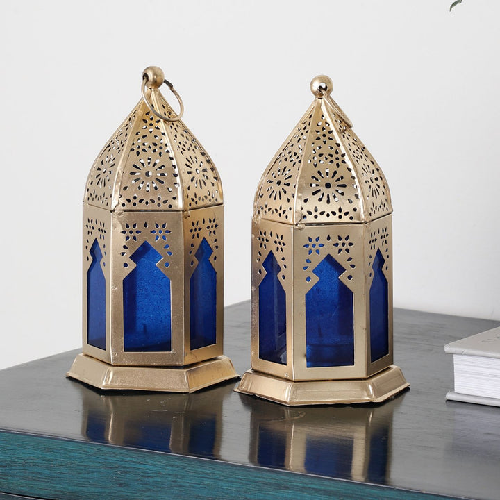 Handmade Blue & Gold Morrocan Iron Lantern Tealight Holder | Set Of 2