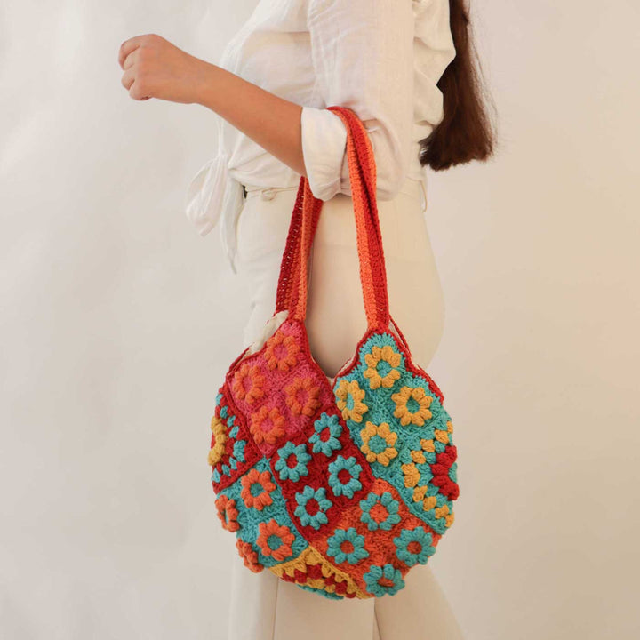 Handmade Crochet Multicolour Floral Tote Bag