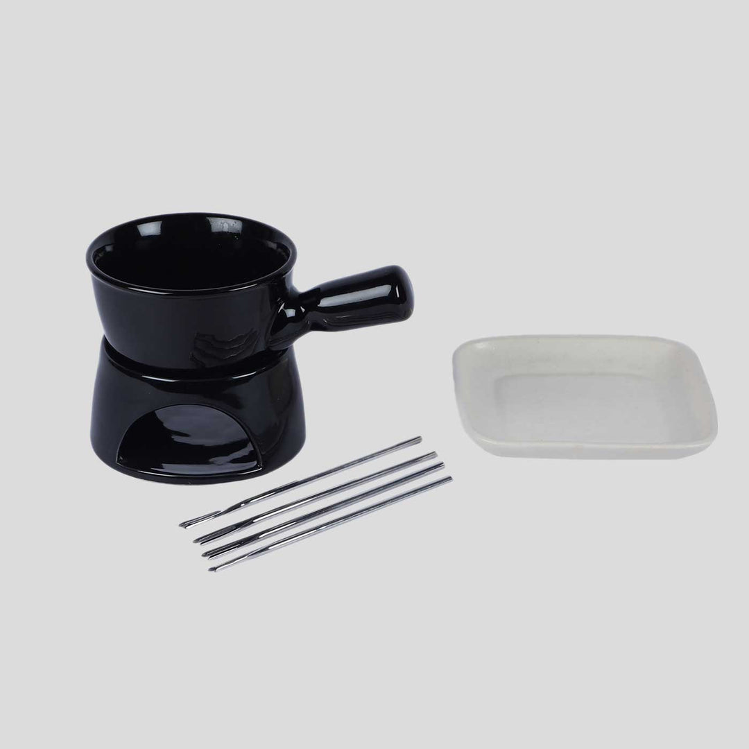 Handmade Black Fondue Set With Plate & Sticks | Set of 6