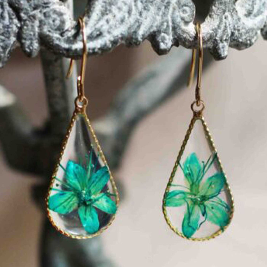 Handmade Preserved Flower Green Allium Tear Drop Brass Earrings