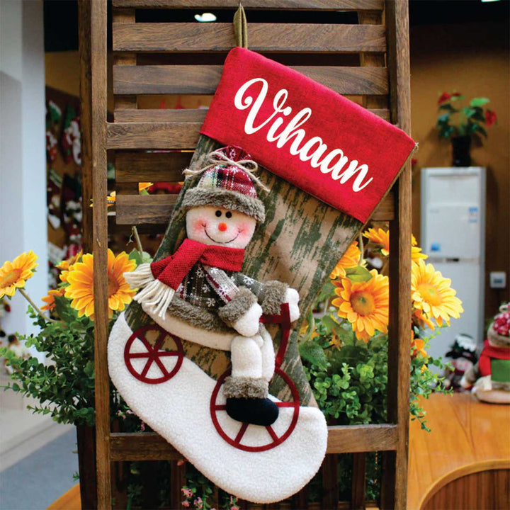 Personalized Snowman On A Bike Felt Stockings For Christmas Decoration