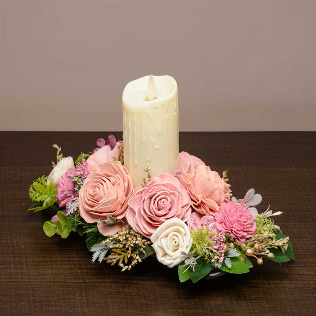 Handmade Rose Glow Shola Flower Centerpiece With Candle Holder