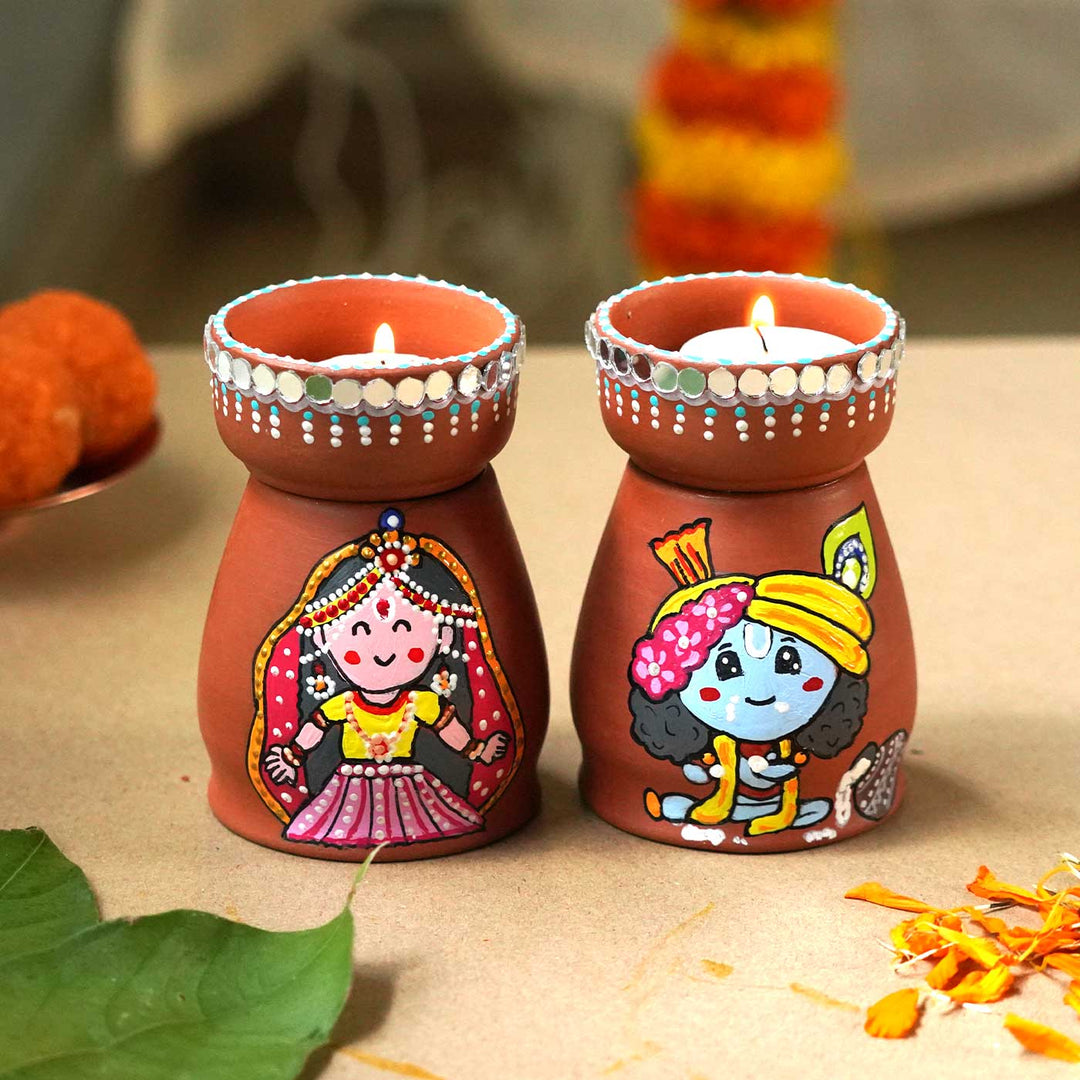 Handmade Krishna Radha Terracotta Tealight Holder | Set Of 2